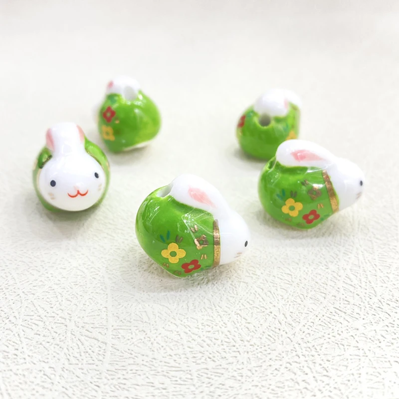 5pcs Lovely Rabbit Pottery Ceramic Beads Pendant 20x16x14mm Cartoon Animals Loose Porcelain Beads For Jewelry Making Accessories