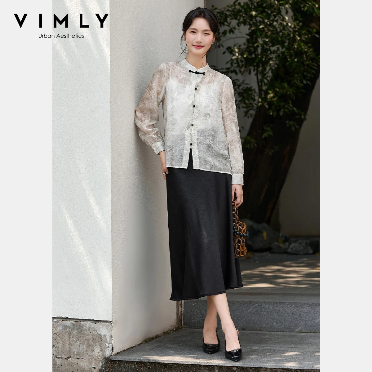 

VIMLY Chinese Ink Wash Skirt Set Women 2025 Autumn New Printing Pullover Shirt Solid Loose A-line Skirts Two Piece Set A2959