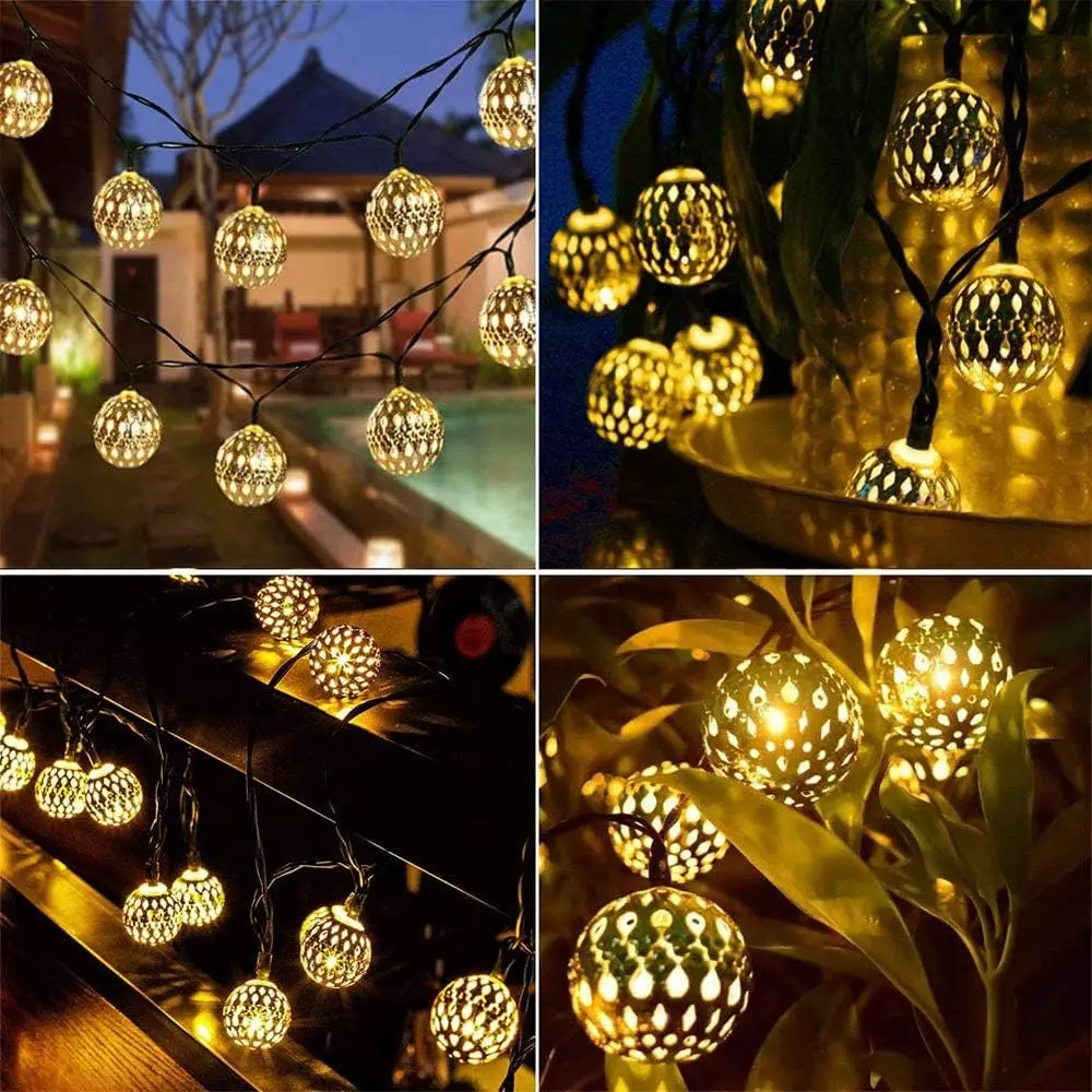 Zonne-Marokkaanse Zilveren Metalen Ballen Stringlichten Hanglamp Led Globe Fee Licht Voor Buitentuin Binnenplaats Vakantie Decor