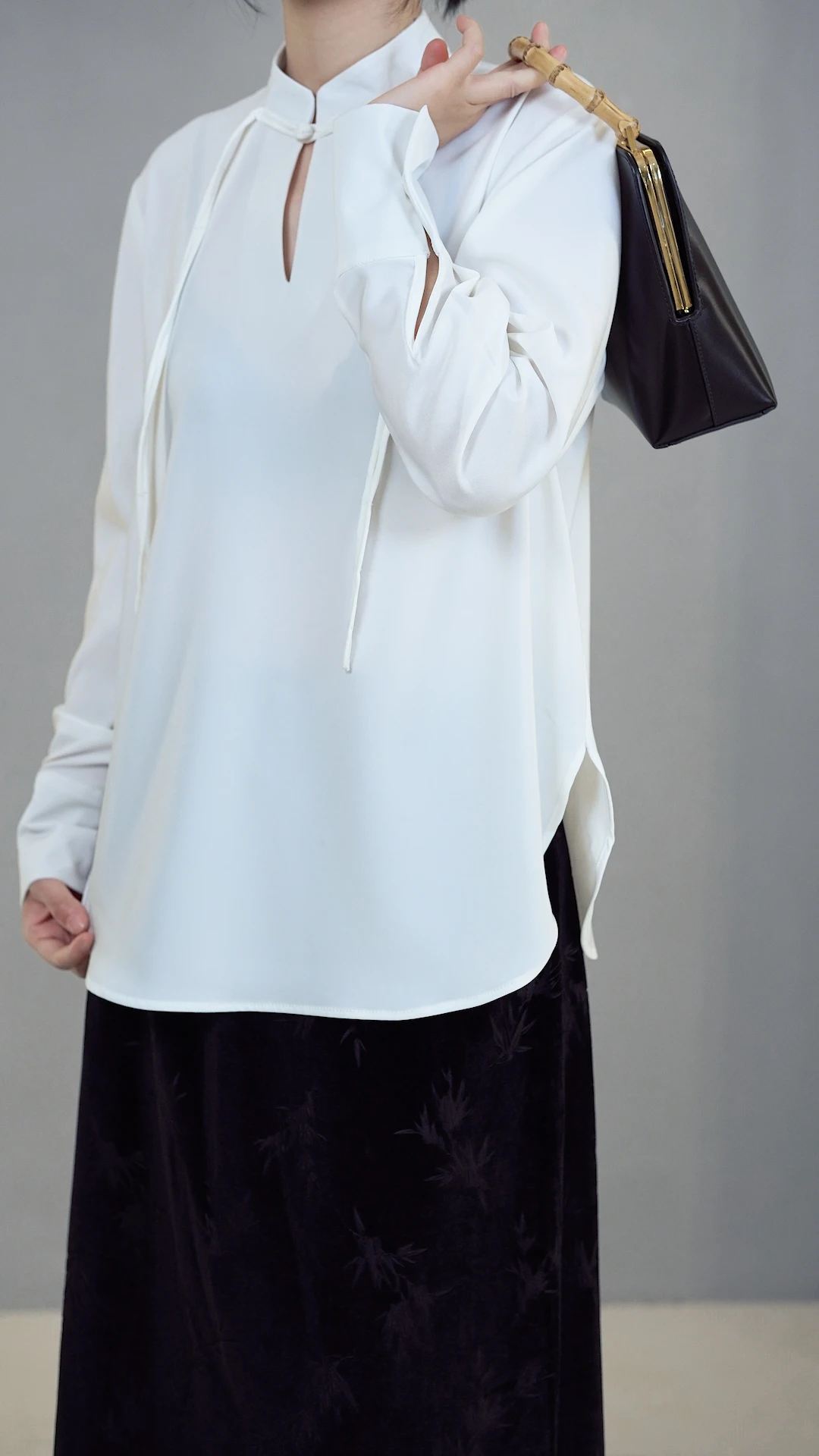 

Women's Satin irt Collar Rope Chinese Sle Button Loose Fit Long Sve Busin Casual irt New Autumn Collection