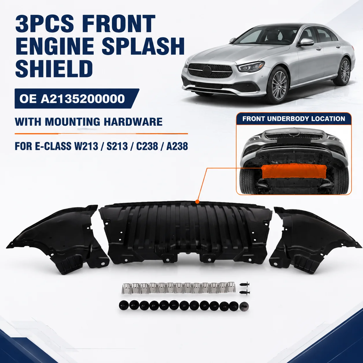 Image of AP02 Vordere untere Motorabdeckung Kühlerträger Spritzschutz mit Clips für Mercedes Benz E-Klasse W213 S213 C238 A238 E200 E220 E250 E300 2016-2023 A2135200000, A2135200400, A2135200600