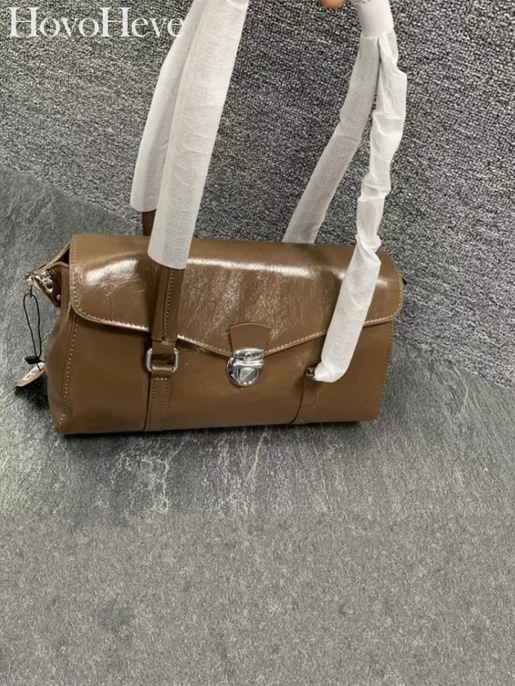 

Дизайнерская офисная женская модная однотонная сумка на одно плечо с защелкой из натуральной кожи, повседневная элегантная женская сумка в стиле ретро