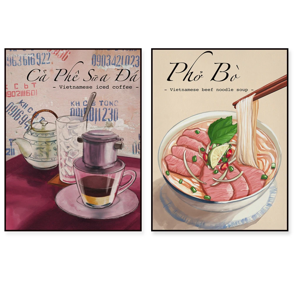 Comidas familiares: cerveza, sopa de fideos con carne, rollos de arroz al vapor, rollitos primaverales, baguettes, panqueques, café, póster de comida vietnamita