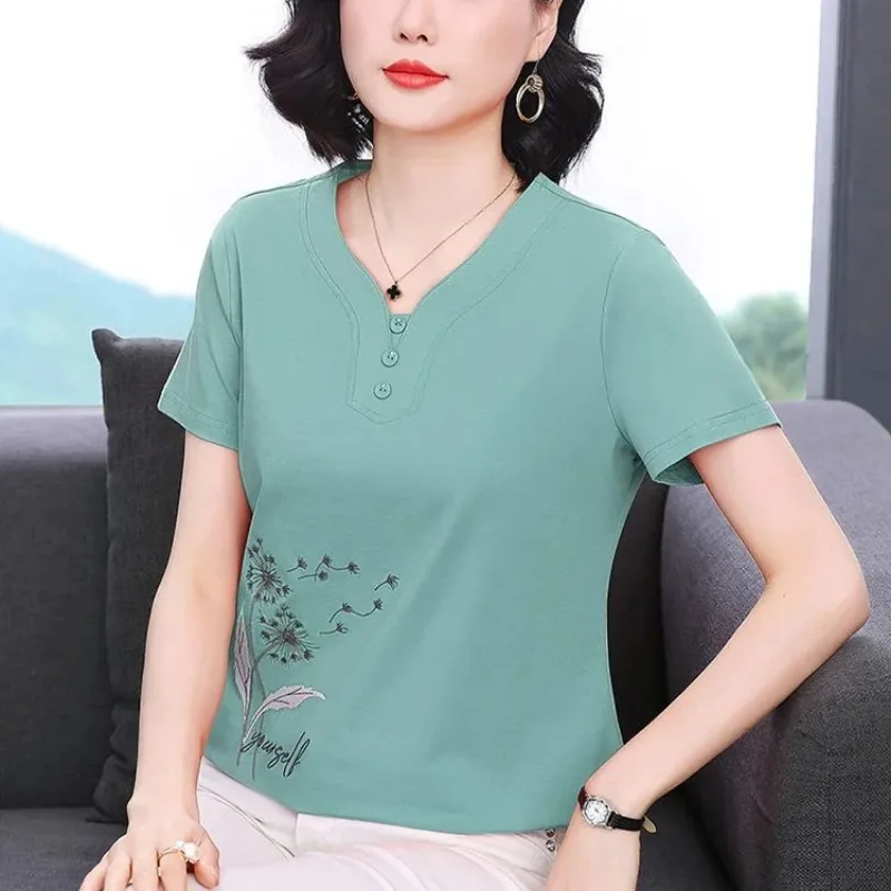 Middle Aged Women Summer V Neck Short Sleeve T Shirt Dandelion Embroidery Loose Hide Belly Plus Size Elegant Daily Blouse Tops
