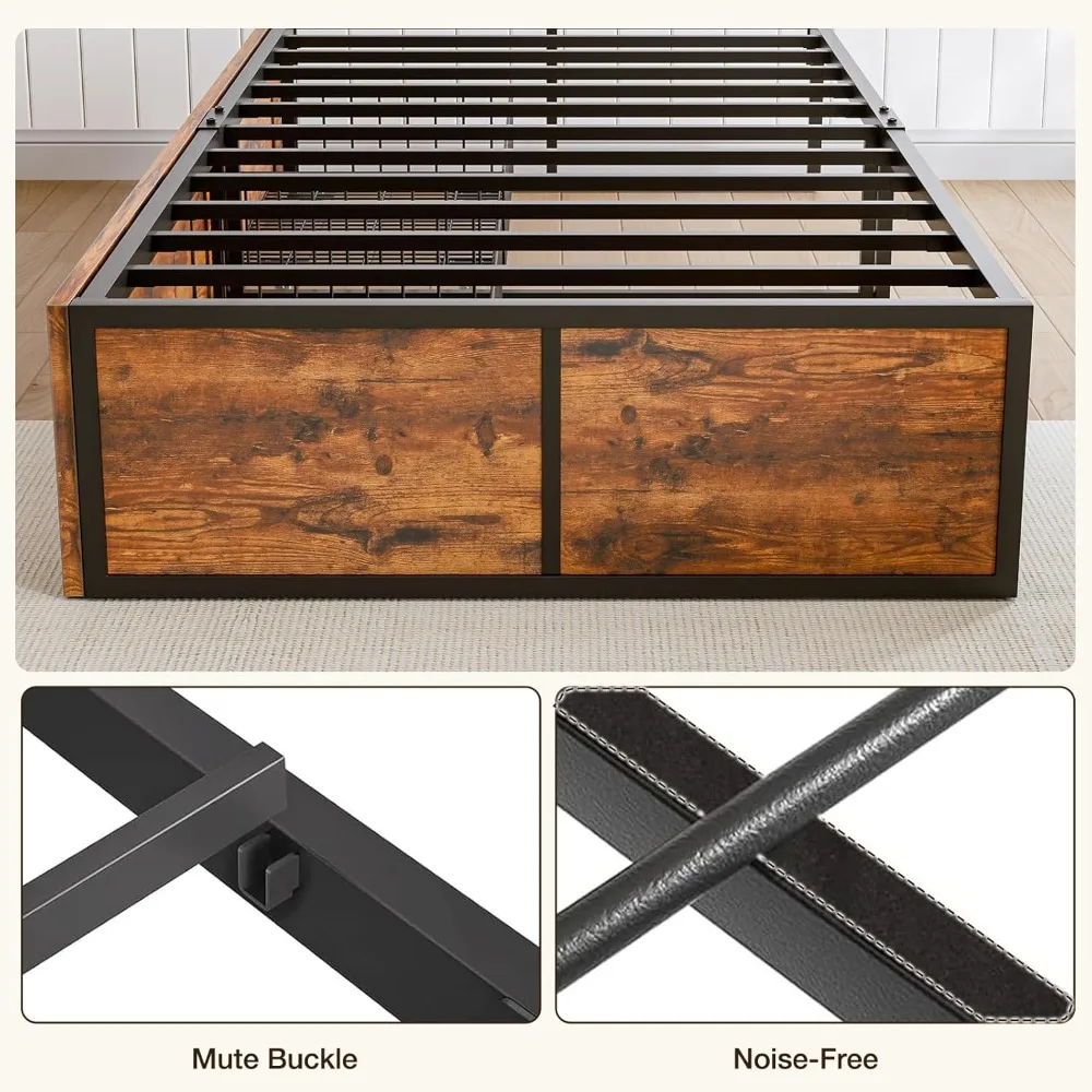 إطار سرير معدني مزدوج الحجم مع أدراج تخزين XL ولوح للقدمين، وسرير بمنصة دعم قوية