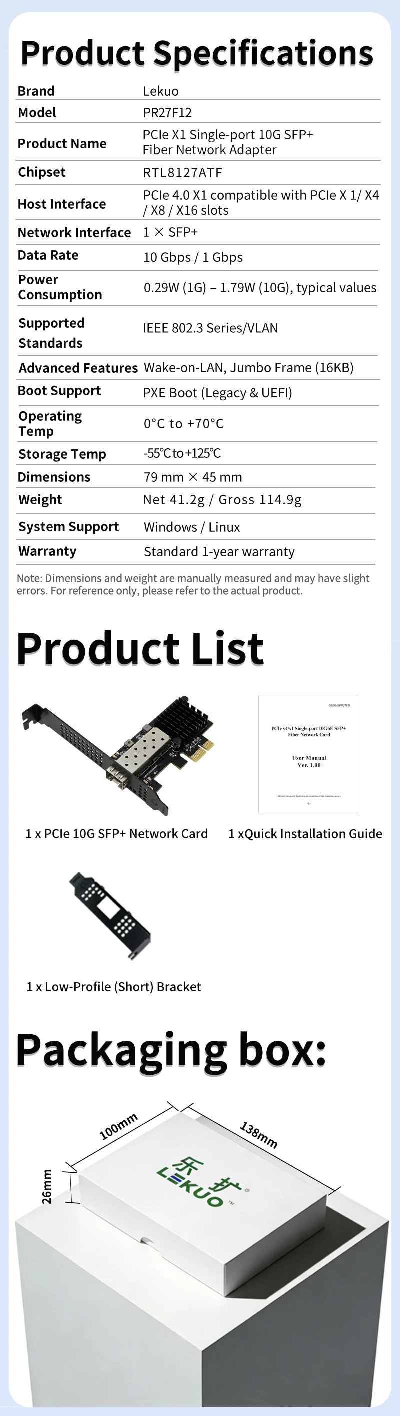 Lekuo 10G SFP+ Glasfaser-Netzwerkkarte PCIe 4.0 X1 - Geringe Latenz Hoher Durchsatz Enterprise-Qualität für NAS/Server mit RTL8127ATF Chip – Detail 6