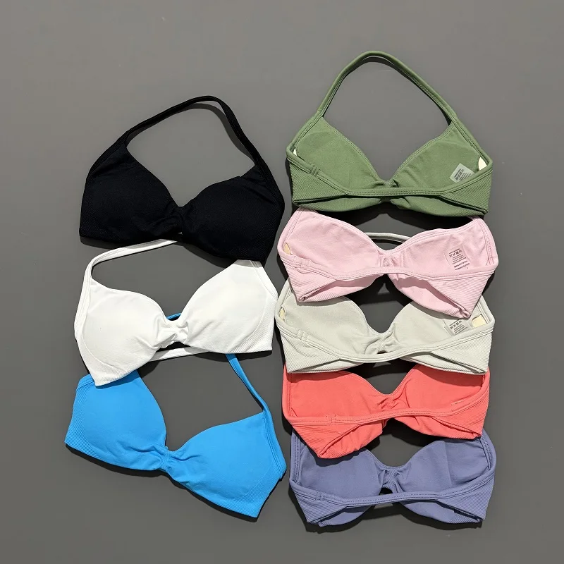 Sports Bra Strappy Backless Yoga Gym Bra Scrunch Push-up Removable Cups Women Workout Clothing Gym Top Halter Sport Bras