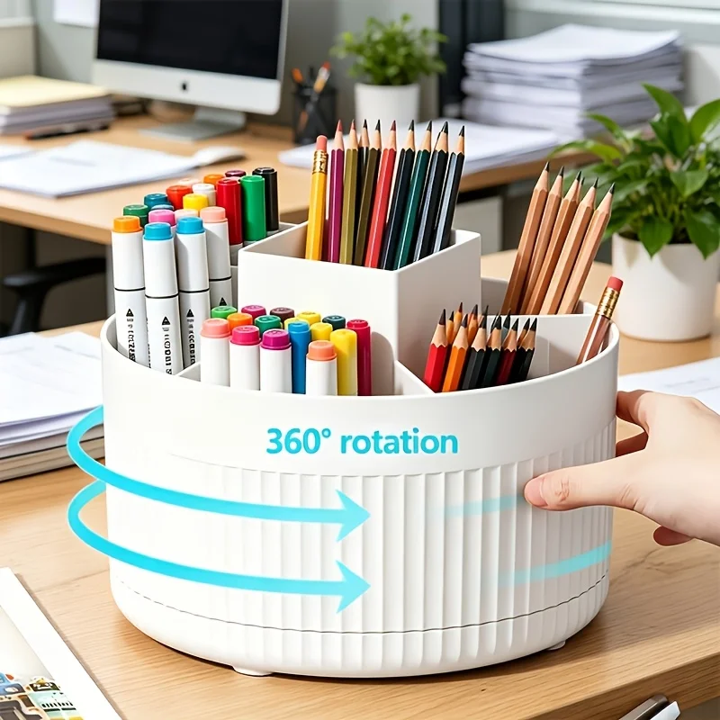 Image of 360 ° Drehbarer 5-Fächer Stifthalter, Schreibtisch-Organizer mit großem Fassungsvermögen für Füllfederhalter & Lineale, platzsparende Büroaufbewahrung