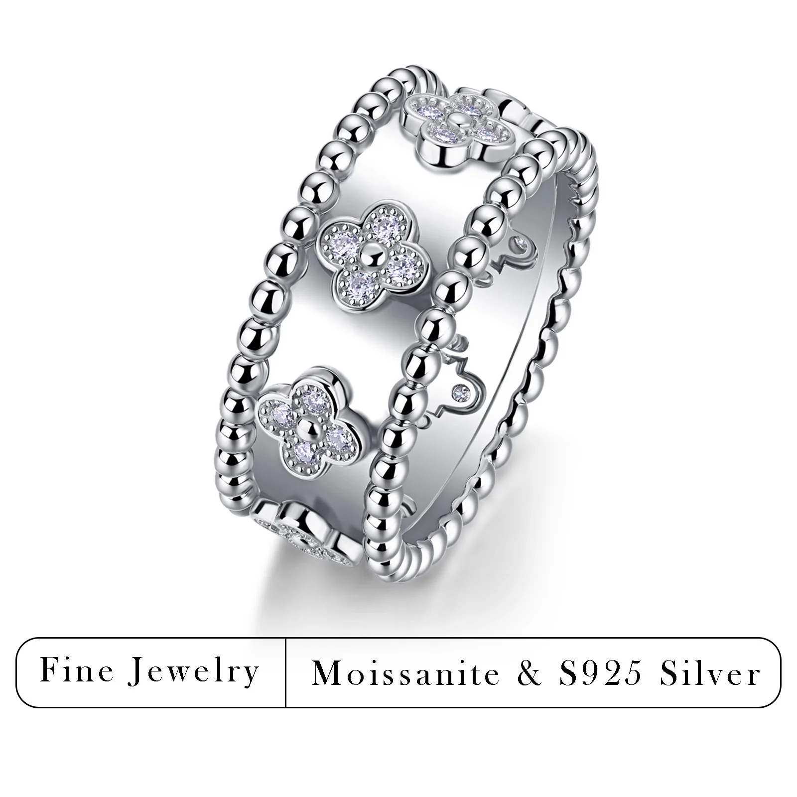 0.32CTW Wholesale S925 Silver Moissanite Clover Ring for Women Dropshipping Stackable Band