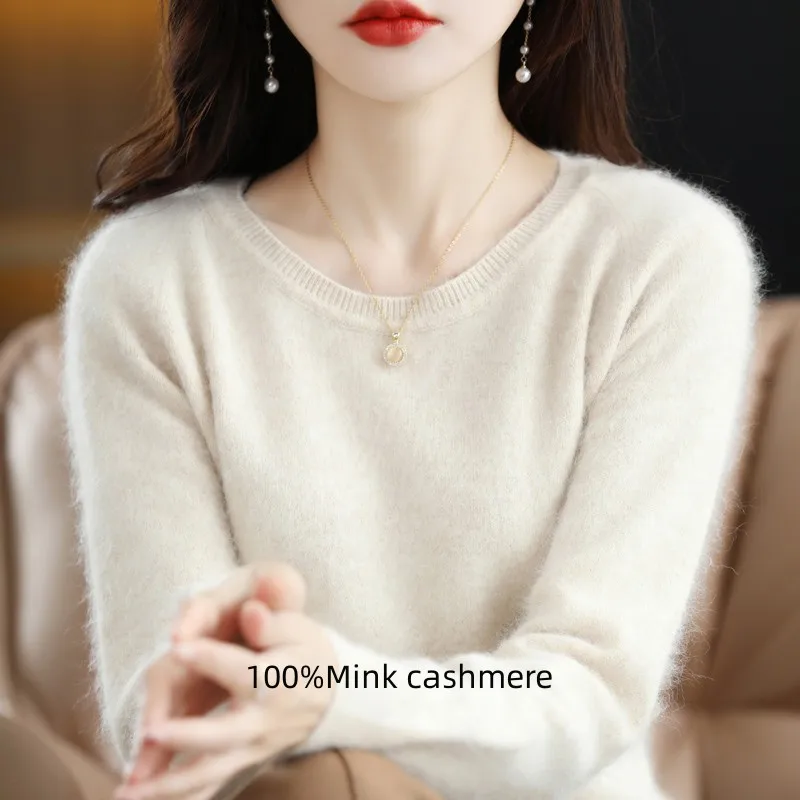 100% Mink Cashmere Women's O Neck Pullover Sweater Large Size Solid Color High Quality Sweater Korean Solid Color Top For Women