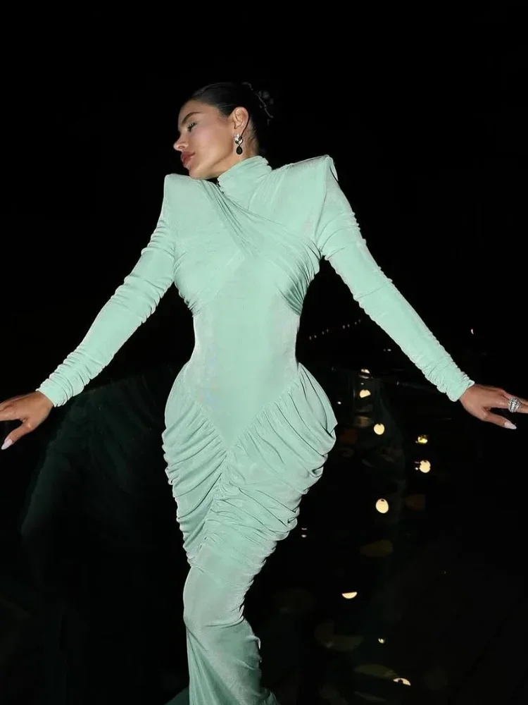 Vestido largo plisado liso con hombros anchos para mujer, elegante vestido ajustado de manga larga con espalda descubierta, Vestidos de calle para vacaciones de verano