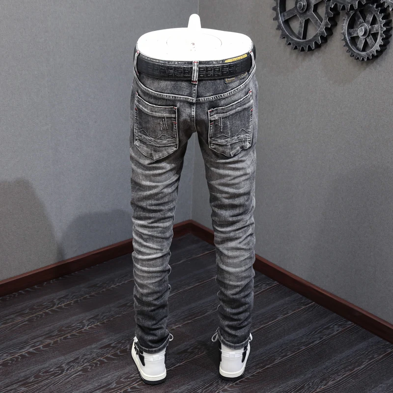 Fashion Designer Men Jeans High Quality Retro Black Gray Elastic Slim Fit Ripped Jeans Men Embroidery Vintage Denim Pants Hombre