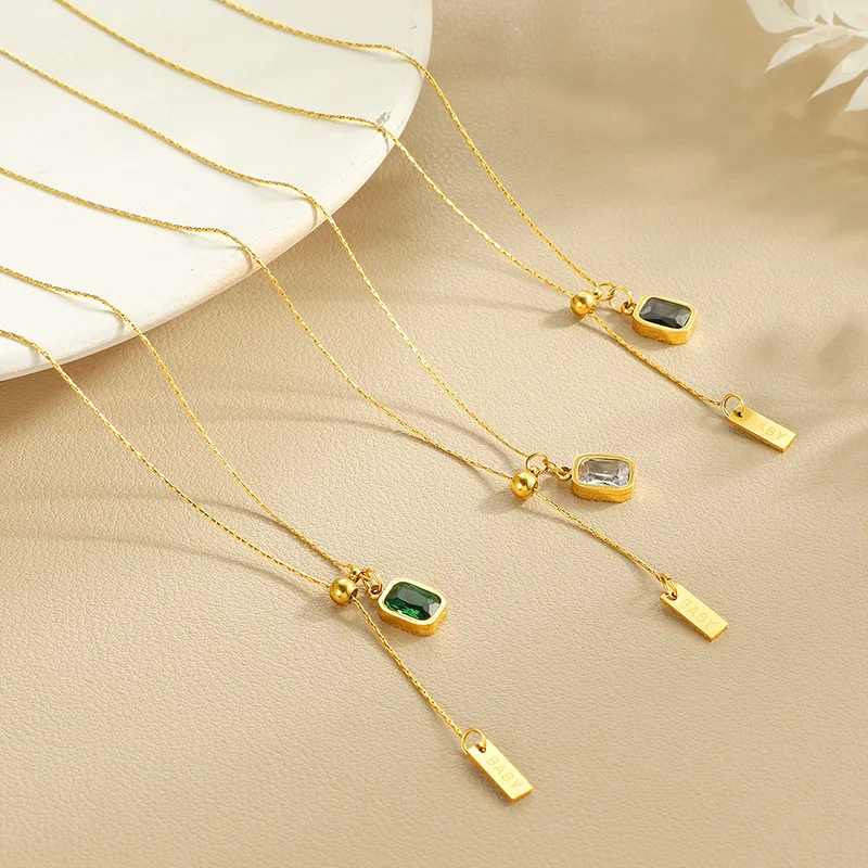 Vintage Titanium Steel Tassel Necklace with Rectangular Zircon Pendant 18K Gold Plated Waterproof Jewelry for Women Girls Gift