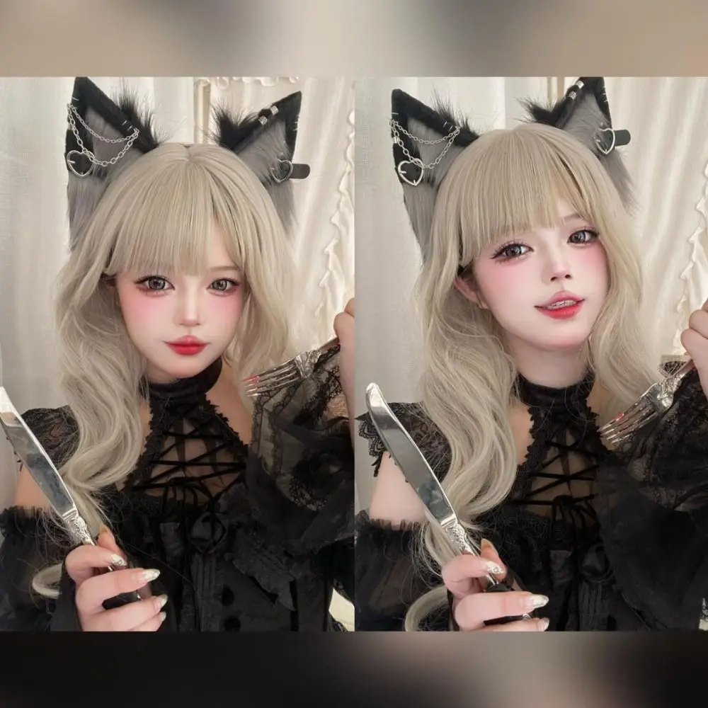 Cintura per capelli Lolita con orecchio di gatto a forcina con ciondolo d'amore Fascia per capelli in peluche Copricapo in stile coreano Costume cosplay di Halloween per ragazze