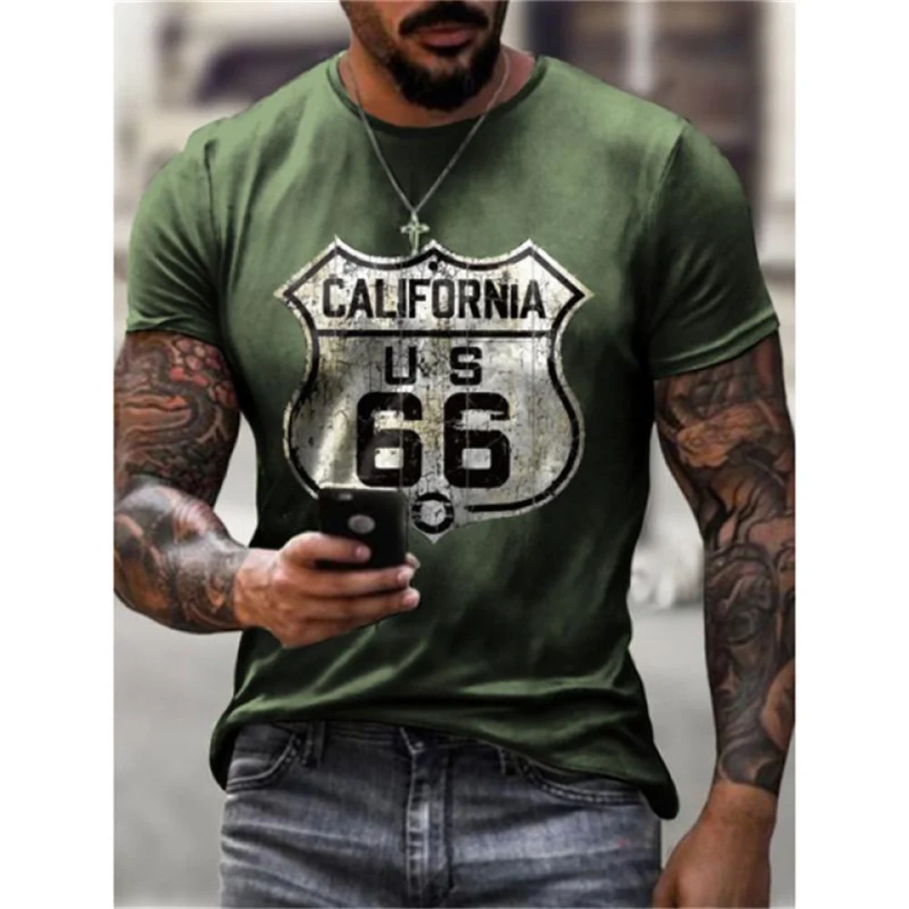 Summer T Shirts Usa America Route 66 Letters 3D Print Cool Men Short Sleeve Oversized T-Shirt Vintage Streetwear Boys Tees Tops