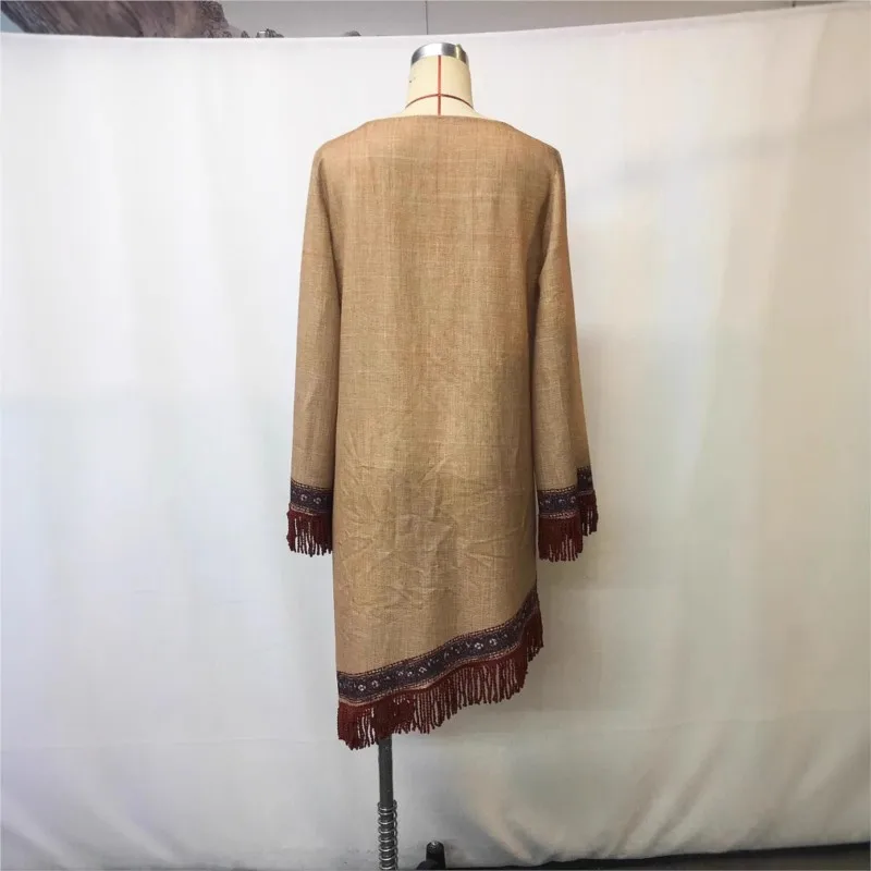 Fashion V Neck Long Sleeve Bohemian Dresses Vintage Pattern Printed Loose Short Dress New Spring Tassel Patchwork Women's Dress