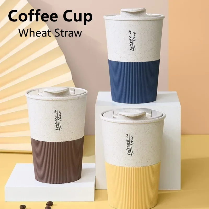 

350ML Wheat Straw Coffee Cup Reusable with Cover Sealed Portable Cup Durable Household Water Mug for Couples Milk Drinking Cup