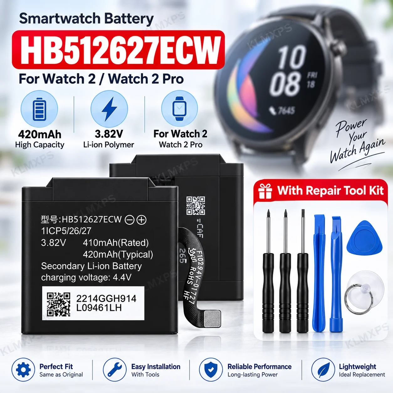 HB512627ECW Battery 3.82V 420mAh Li-ion Polymer Replacement Battery for Watch 2 Watch 2 Pro Smart Watch Repair with Tool Kit