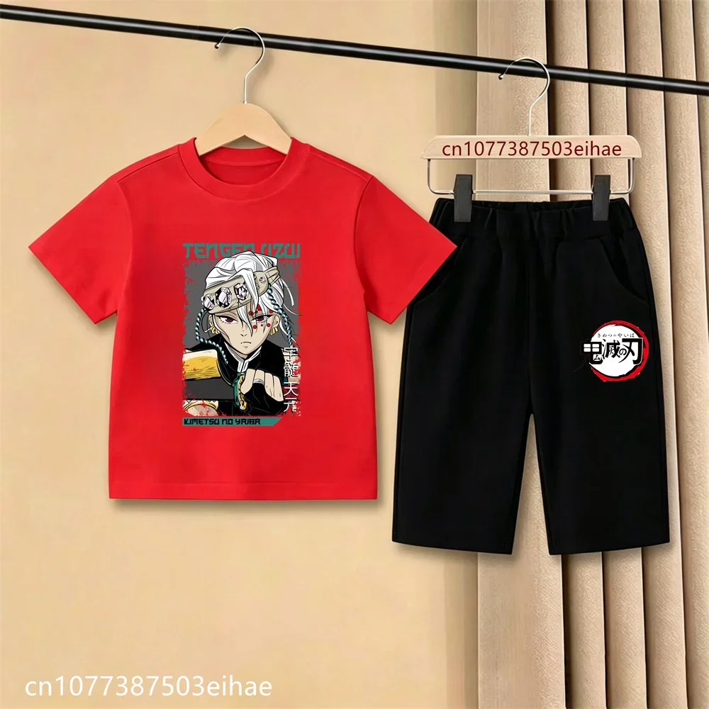 2026 Kids Demon Slayer Comic Print Short Sleeve T Shirt Casual Shorts Ghost Blade Style Summer Casual Daily Playwear Outfit Set