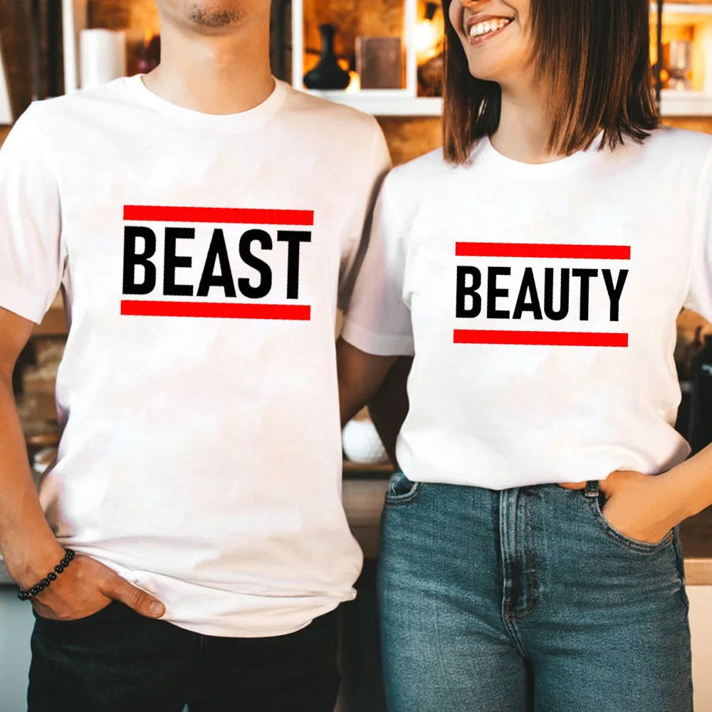 

BEAST BEAUTY Letter Print LoversT Shirt Couple Short Sleeve O Neck Loose Tshirt Summer Women Man Tee Shirt Tops Camisetas Mujer