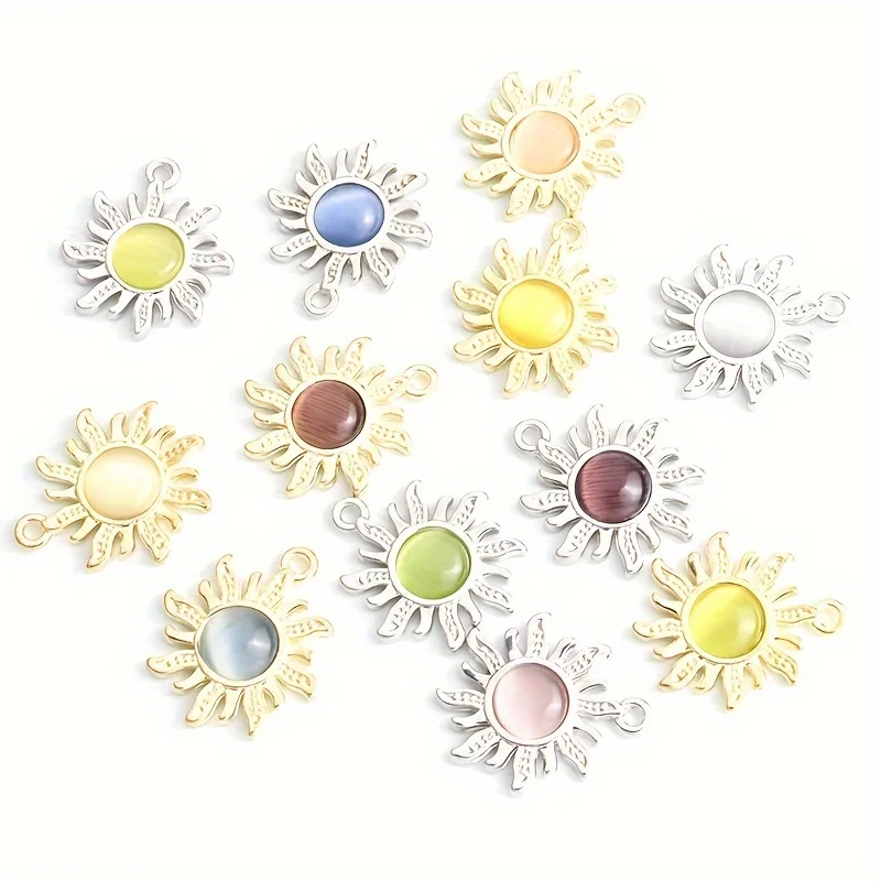 

12pcs alloy jewelry accessories multi-color cat eye stone sunflower pendant earrings necklace pendant DIY handmade material
