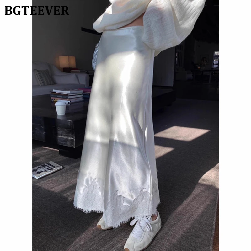 

BGTEEVER Elegant Women Lace Patchwork A-line Satin Skrits Spring Summer Elegant High Waist Loose Female Package Hip Skirts