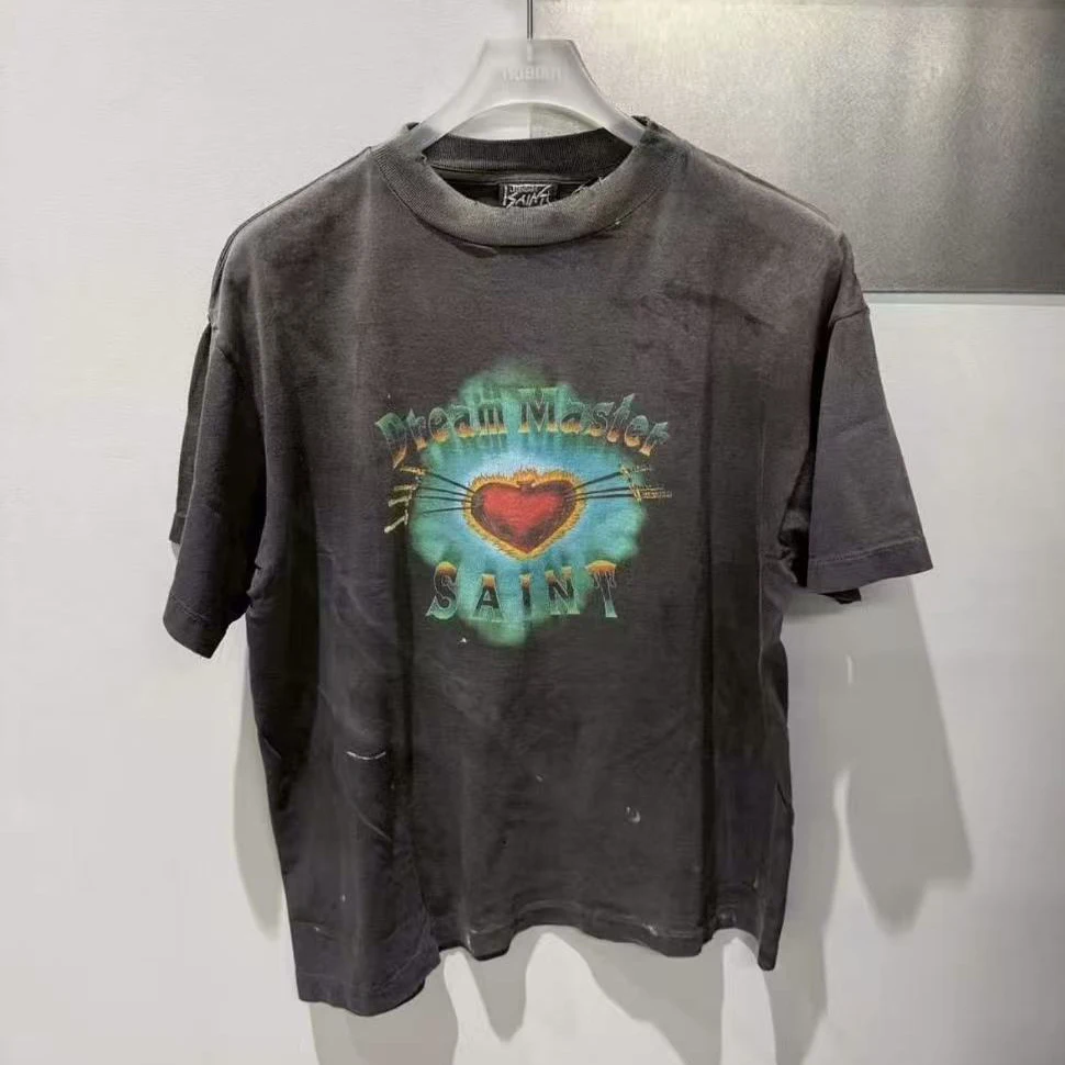 American Retro Casual Saint T Shirts Heart-shaped Letter Print Comfort Cotton Washed T-shirt Top Real Photo Streetwear
