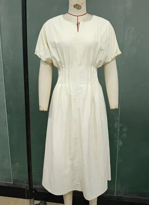 

Temperament short sleeved dress with folded waist and solid color A-line skirt for women in summer 2025