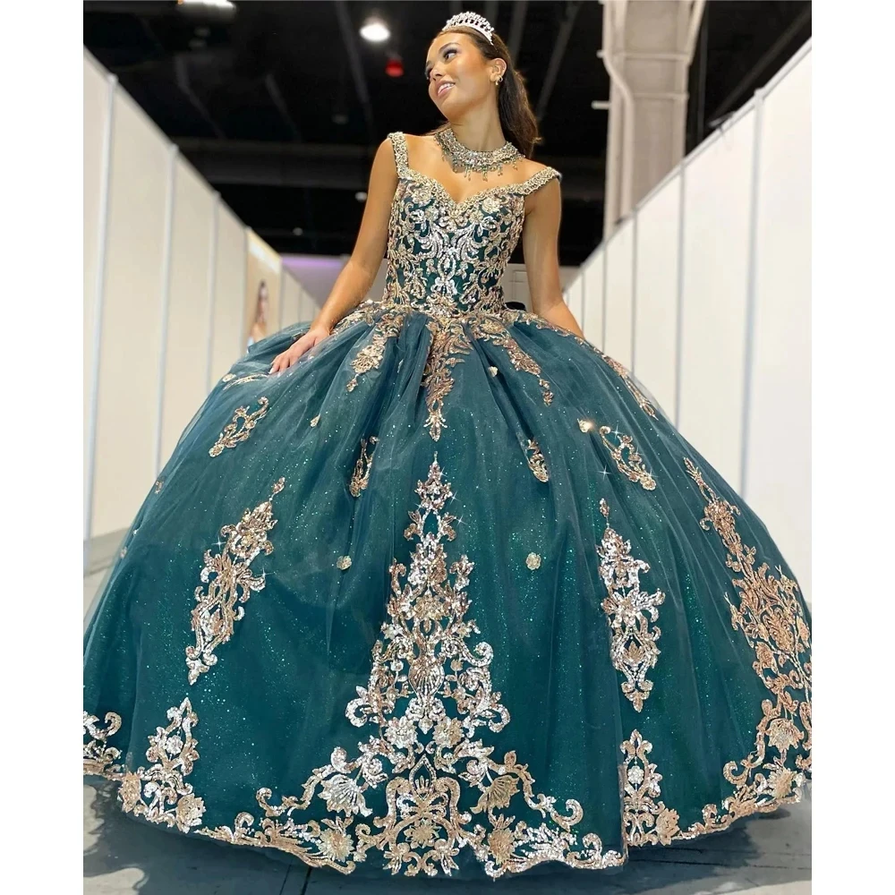 ANGELSBRIDEP gaun Quinceanera berkilau applique renda emas mewah Vestidos De 15 Anos korset pesta ulang tahun Formal Prom