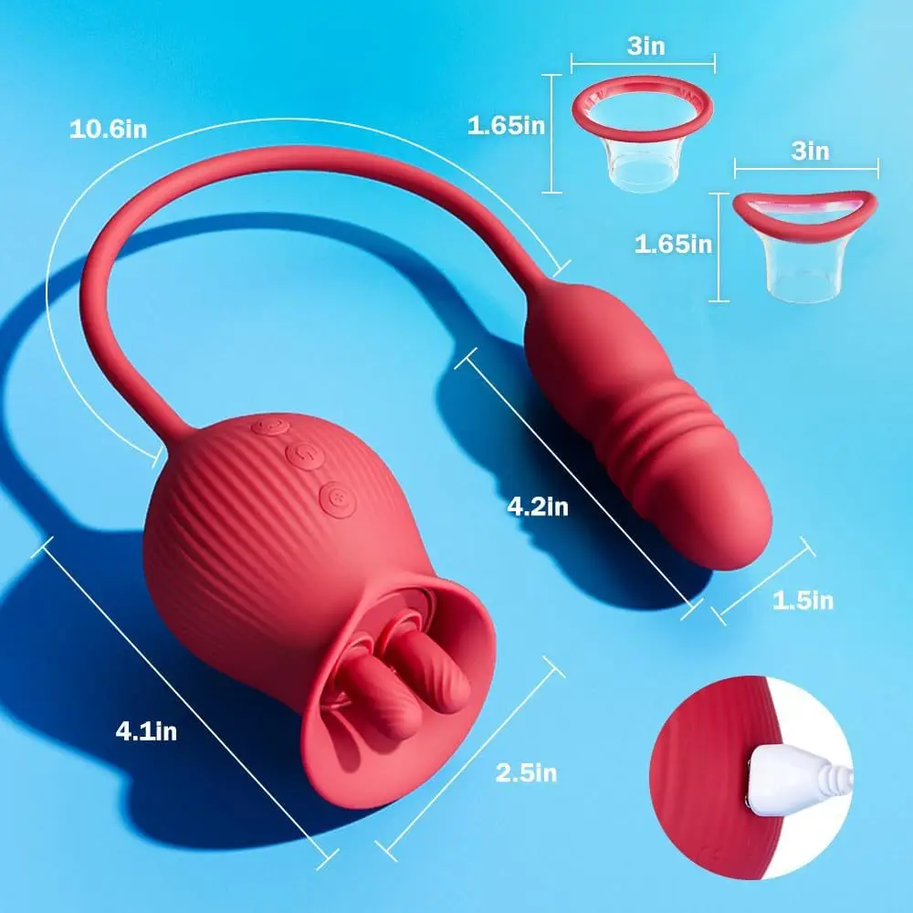 Mainan seks berbentuk mawar dengan vibrator penghisap, dildo dorong dan dua lidah mini, vibrator mawar dengan 3 stimulasi klitoris dan 10 V
