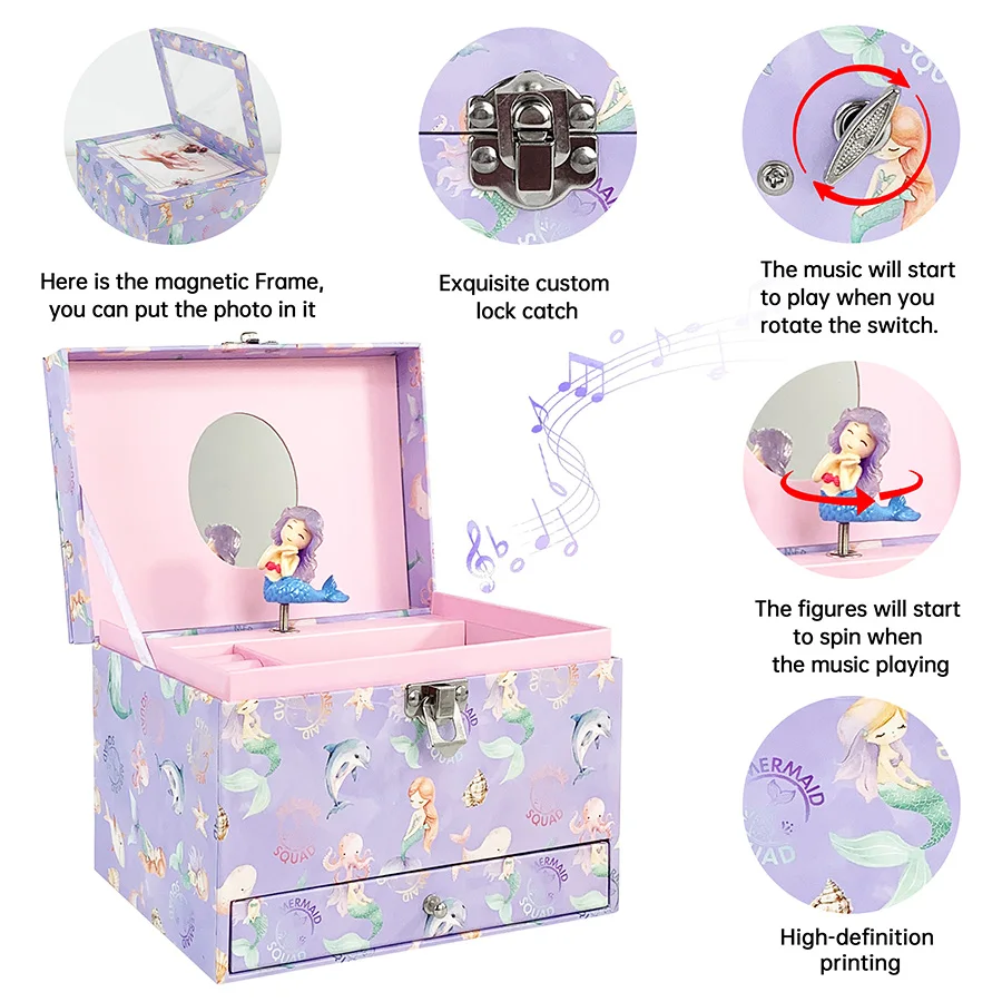 2026 Hot New Viral Mermaid Music Box with Mirror Drawer Rotating Doll Magnetic Photo Frame Lockable HD Print Jewelry Storage Uni