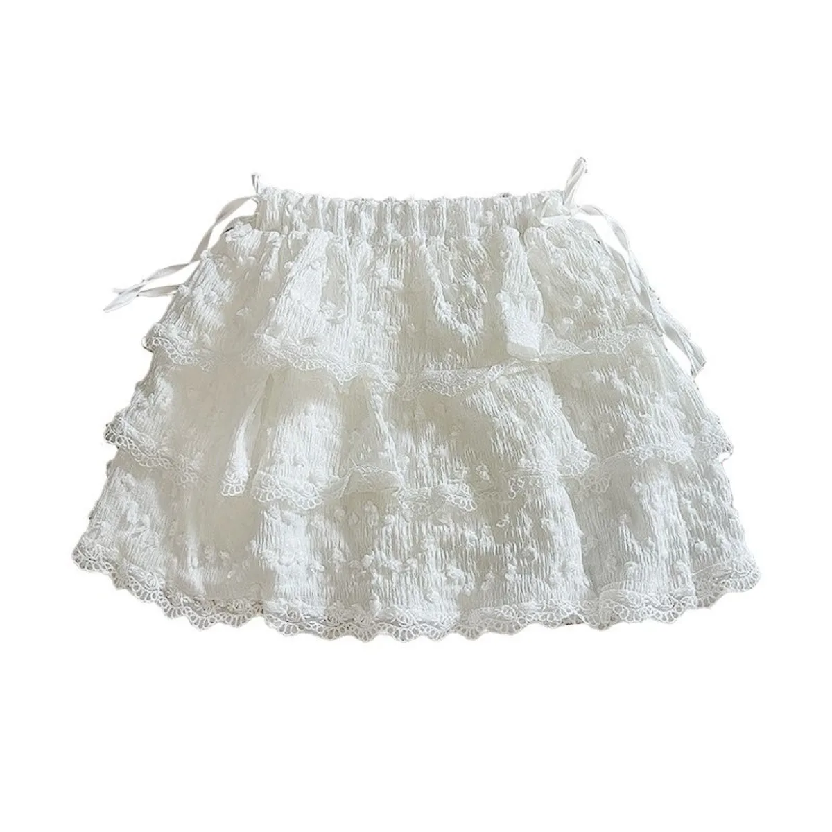 

Milk Tea Lace Trim Tiered Skirt Women High Waist Fluffy Ball A-Line Overskirt Spring Summer