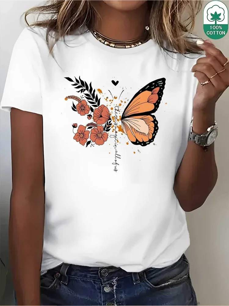 

Модная женская футболка из чистого хлопка с принтом бабочки и удобными короткими рукавами, подходящая для повседневной носки и топов для путешествий