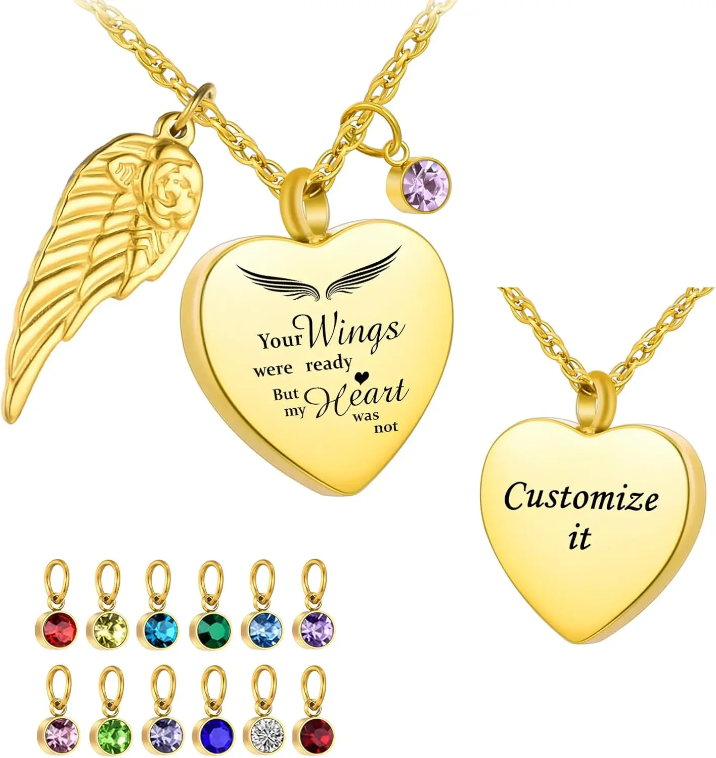 

Ожерелье-урна Dletay Heart для праха с 12 камнями по месяцам рождения, ювелирное украшение для праха - "Твои крылья были готовы, мой сердце - нет"