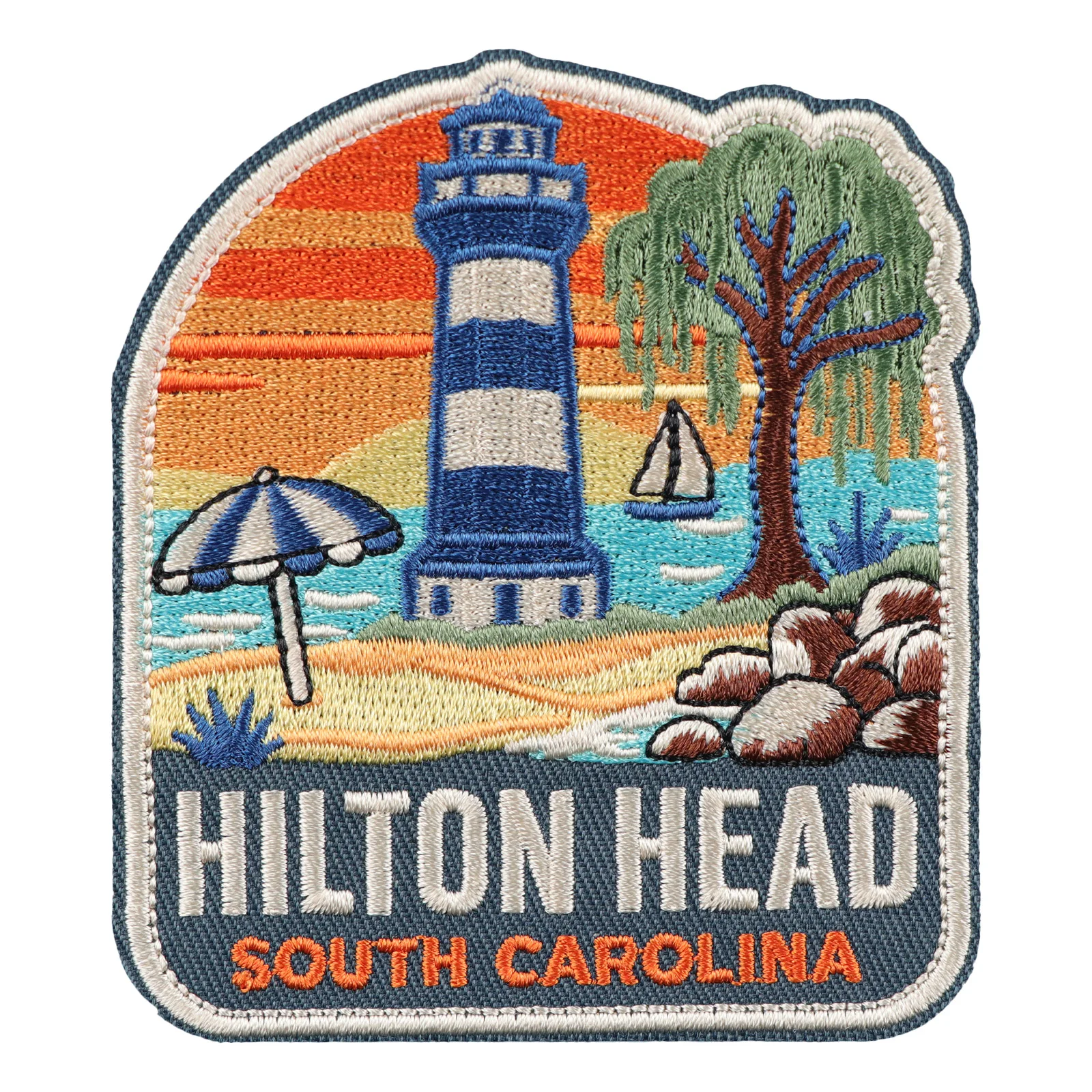 Hilton Head South Carolina Lighthouse Iron On Embroidered Patch, Vintage Sunset Beach Sailboat Willow Tree Coastal Travel Souven
