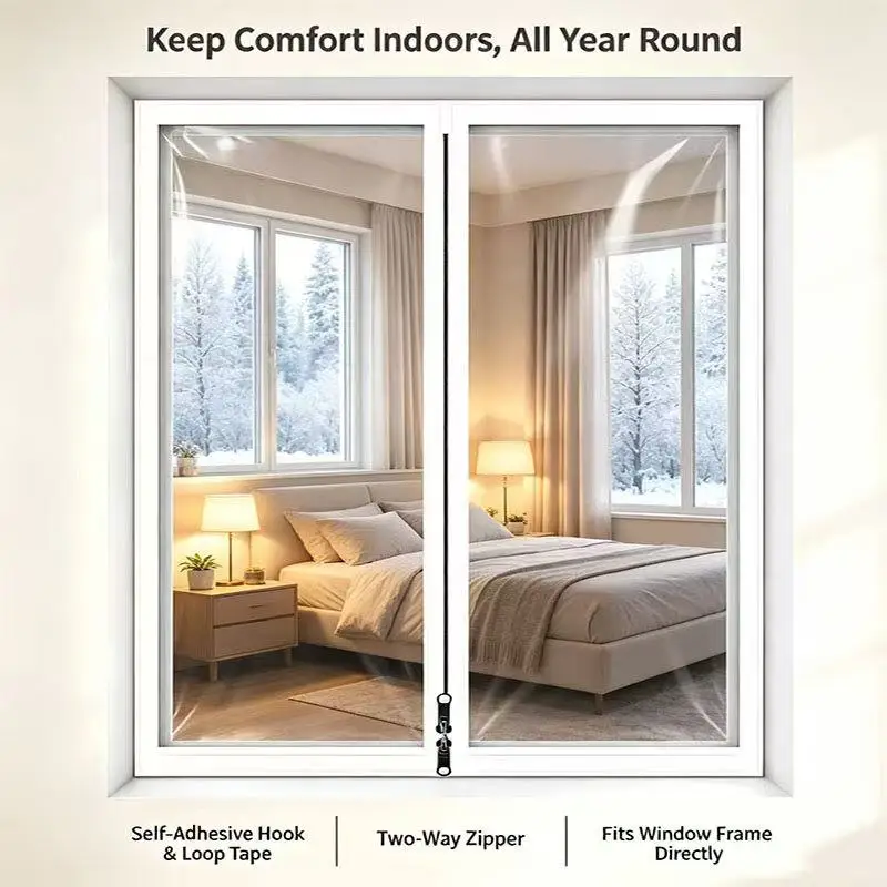Self‑Adhesive Winter Thermal Window Cover, Two‑Way Zipper No‑Drill Windproof Film, Clear View for Home Bedroom Living Room