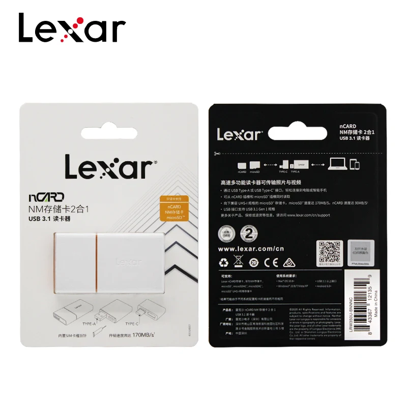 Lexar USB 3.1 NM Card Reader HuaWei Memory Card Up to 90MB/s & Micro NM Card 170MB/s Multifunction Type-A Type-C 2-in-1 Reader