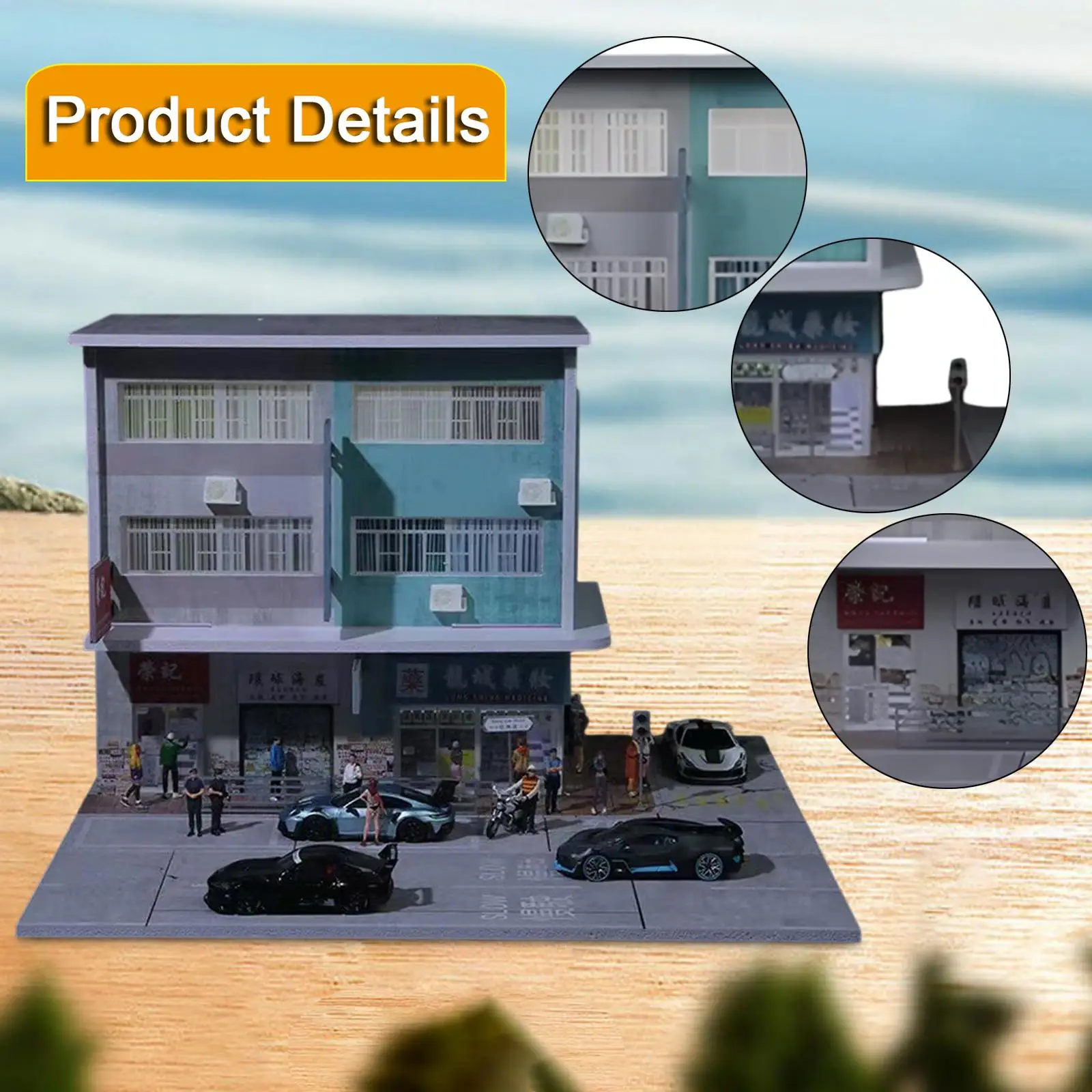 장식 사진 촬영 컬렉션을 위한 조명이 있는 1/64 스케일 디오라마 건물