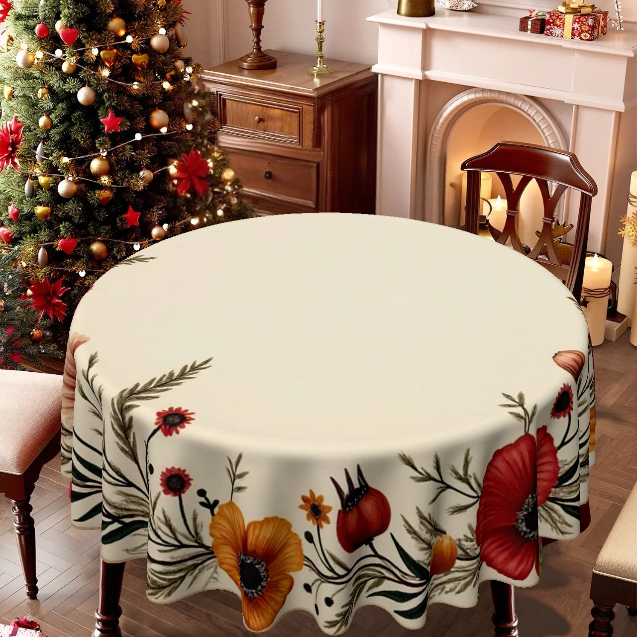 1 piece, round tablecloth with Christmas wreath design, perfect for family kitchens and dining areas