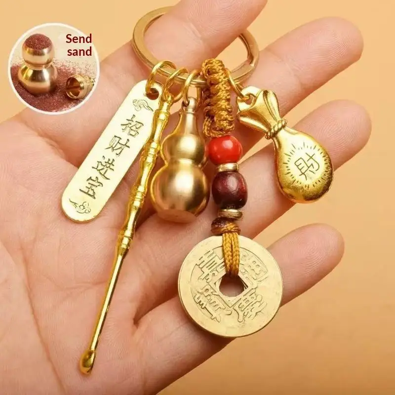 Chinesischer Stil Tierkreiszeichen Messing-Kürbis Fünf-Kaiser-Geld-Schlüsselanhänger Metall Fengshui Anhänger R-Tasche Schlüsselring Dekoration Geschenk Accessoire – Detail 8