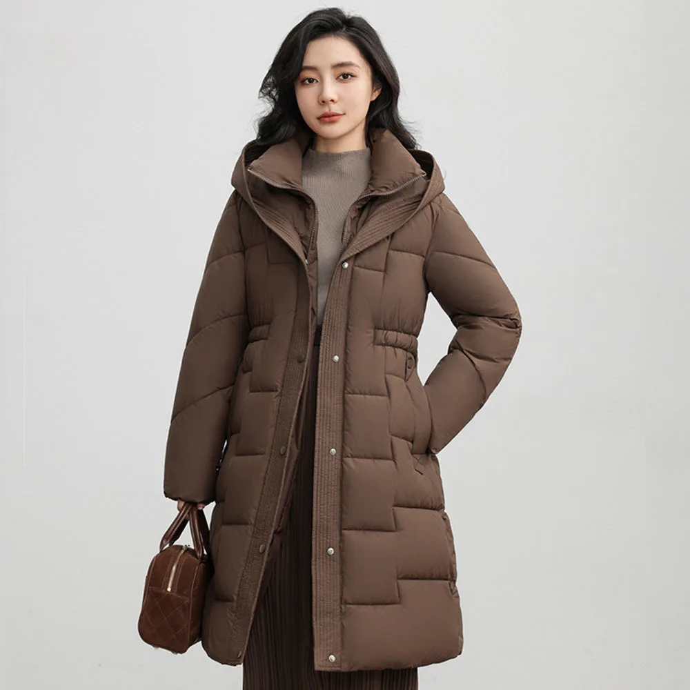 Winter Women White Duck Down Long Jacket With Belt Female Thick Warm Coat Luxury Slim Parka Hooded Outerwear Office Ladies 2024