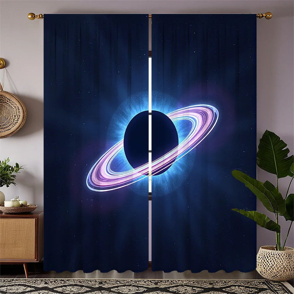 2pcs Space-Themed Black Curtains with Colorful for galaxy Print - 180-220g Polyester, Semi-Transparent, Rod Pocket Design for Li