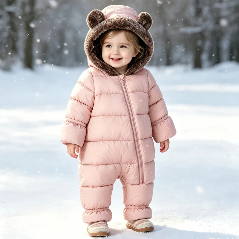 Winter Thick Baby Snowsuit Solid Lamb Fleece Lined Hooded Jumpsuit Diagonal Zipper Warm Infant Romper For Boys Girls 6-30M