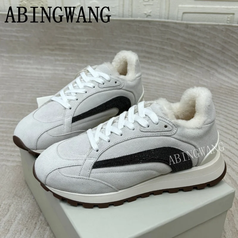 2025 inverno novas mulheres camurça retalhos dentro de pele tênis planos sola grossa sapatos casuais quentes dedo do pé redondo rendas até tênis casuais