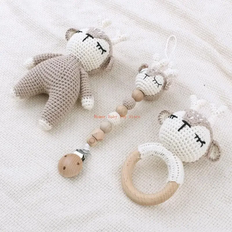 

J0PF Cotton Baby Pacifier Chain Crochet Deer Animal Teething Rings for Newborn