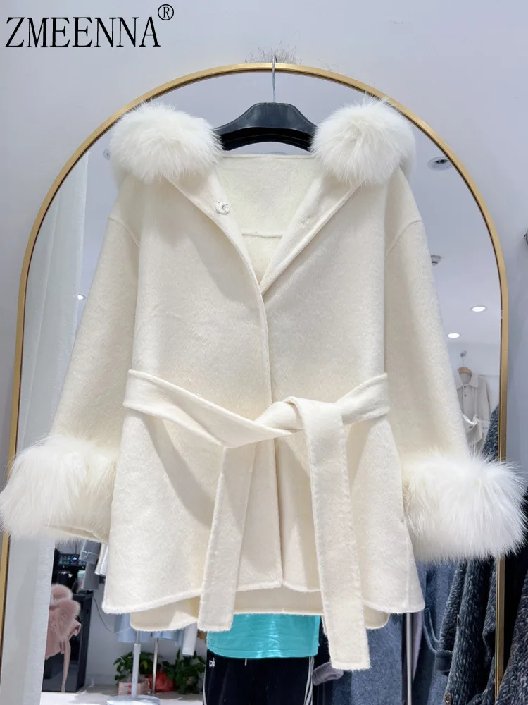 

ZMEENNA женское полупальто из смесовой шерсти с капюшоном и завязками на поясе, манжеты из искусственного меха, элегантная зимняя куртка, верхняя одежда белого цвета ZM4403