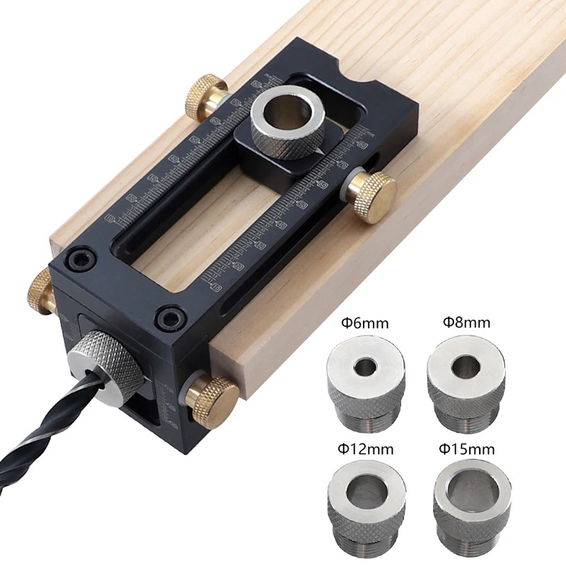 

2 In 1 Drill Guide Doweling Jig Bed Cabinet Screw Punch Locator Woodworking Hole Drill Bit Set 4-Hole 6/8/12/15mm Pin Fixture