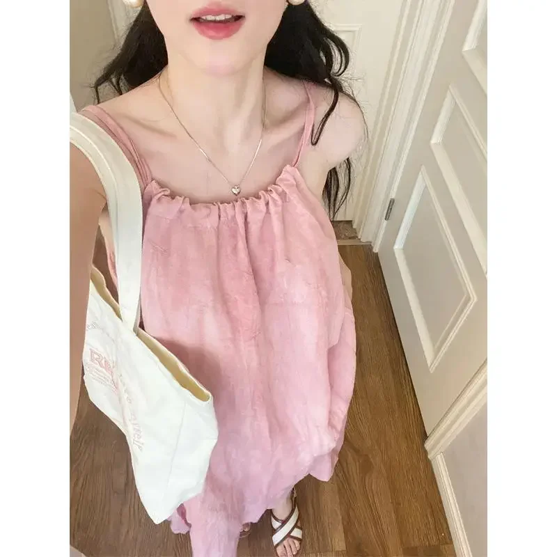 

2024 Halo Dyed Pink Suspender Dress Women Summer New Loose Large Swing Skirt Pleated Sleeveless Long Skirt