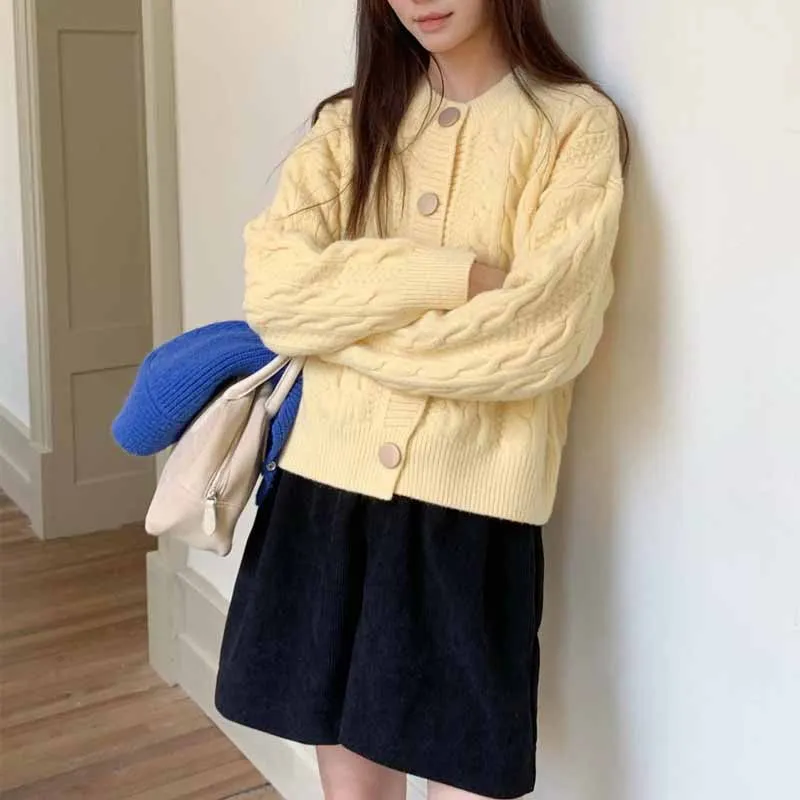 

Women's Candy Colors Twist Knitted Cardigans Thicken O-Neck Single-Breasted Cardigan Sweater Woman Casual Long Sleeve Knitwear