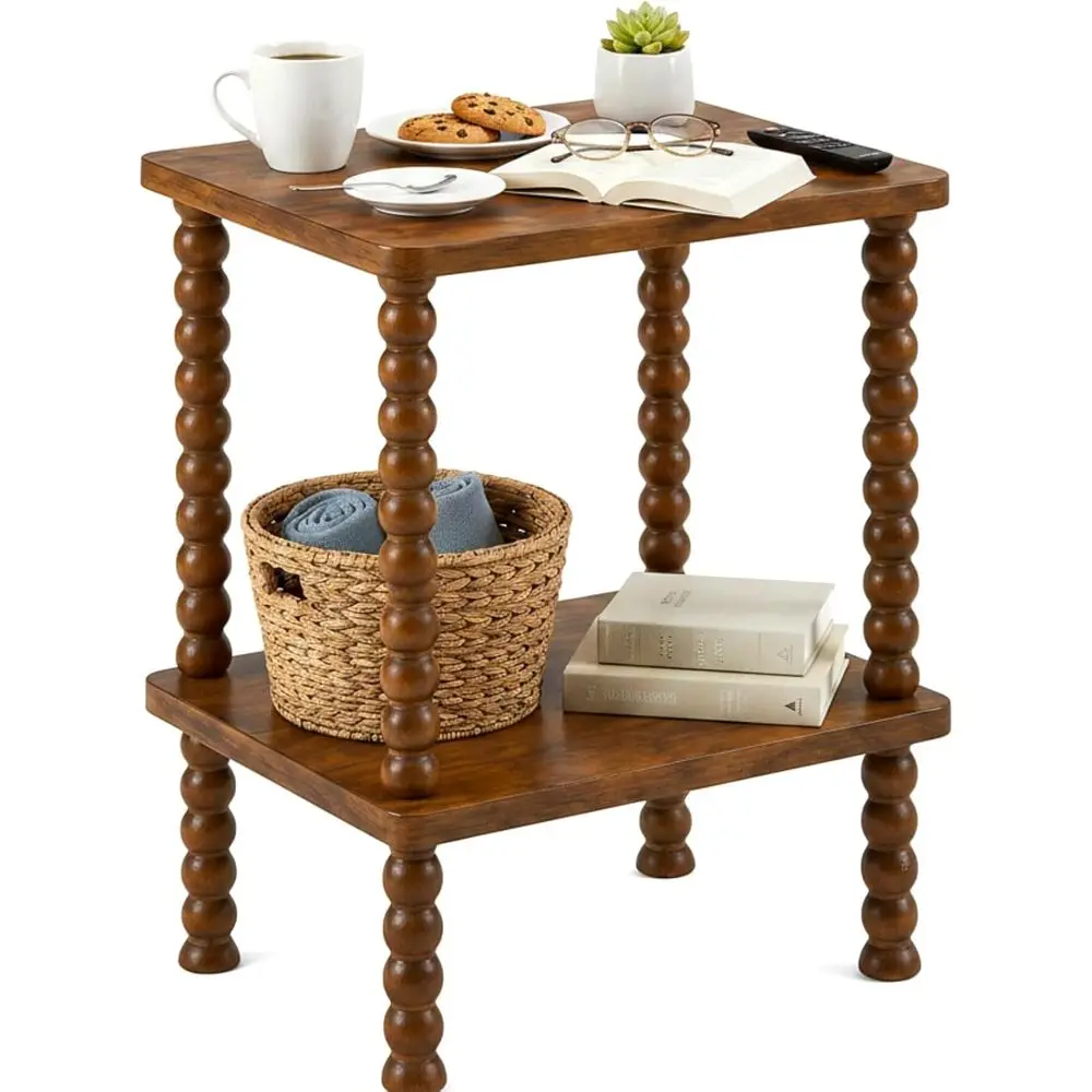

Rustic 2-Tier Spindle Side Table, Vintage Style, Storage Shelf, Suitable for Small Spaces, Bedroom or Outdoor, Easy Assembly, Br